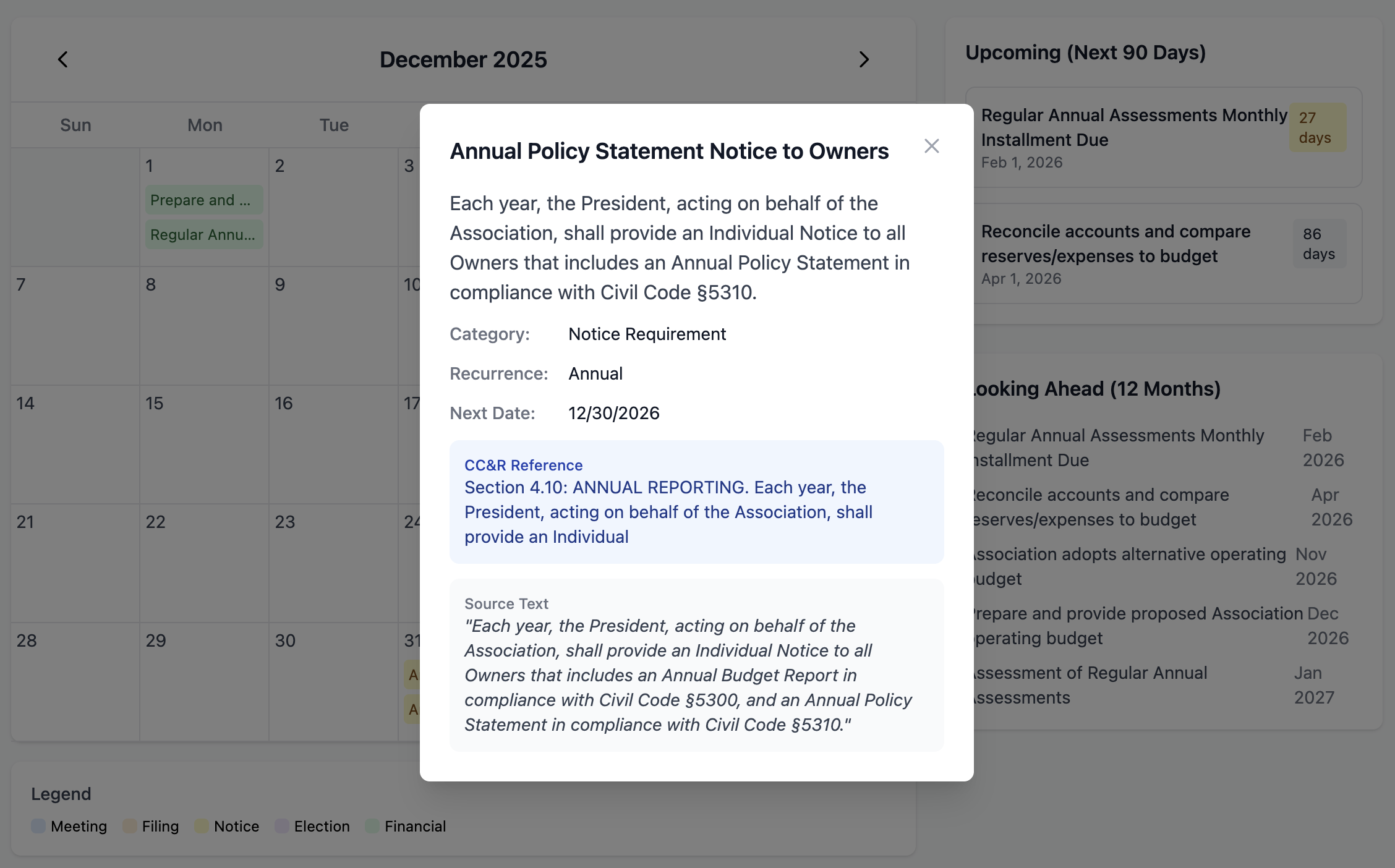 HOA Bot Calendar View Example