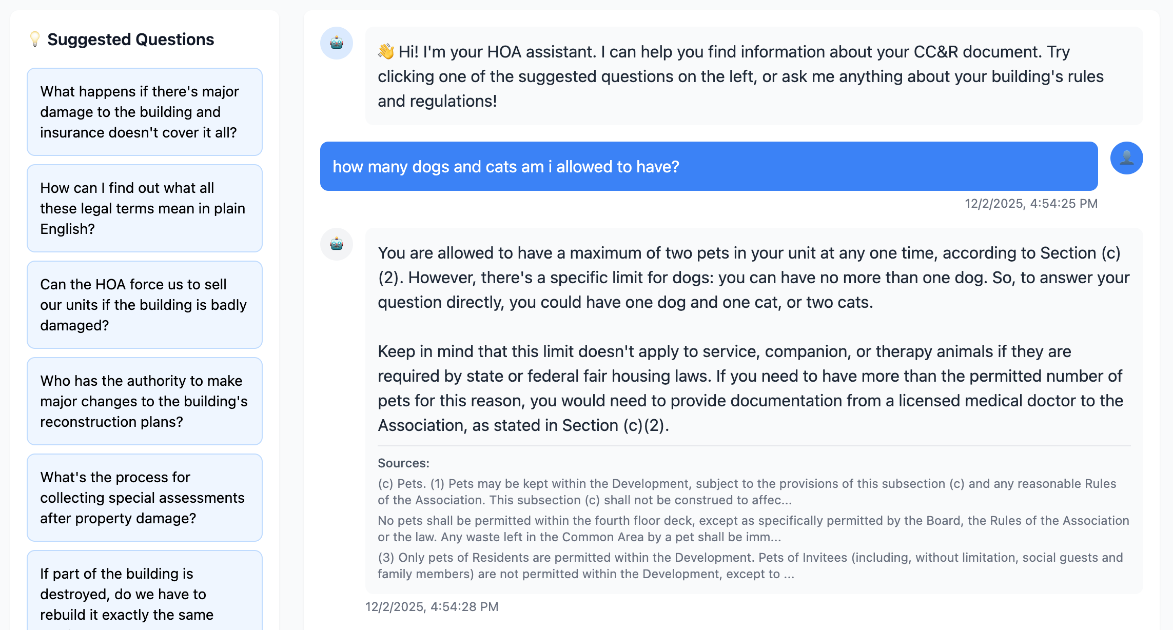 HOA Bot Chat Interface Example